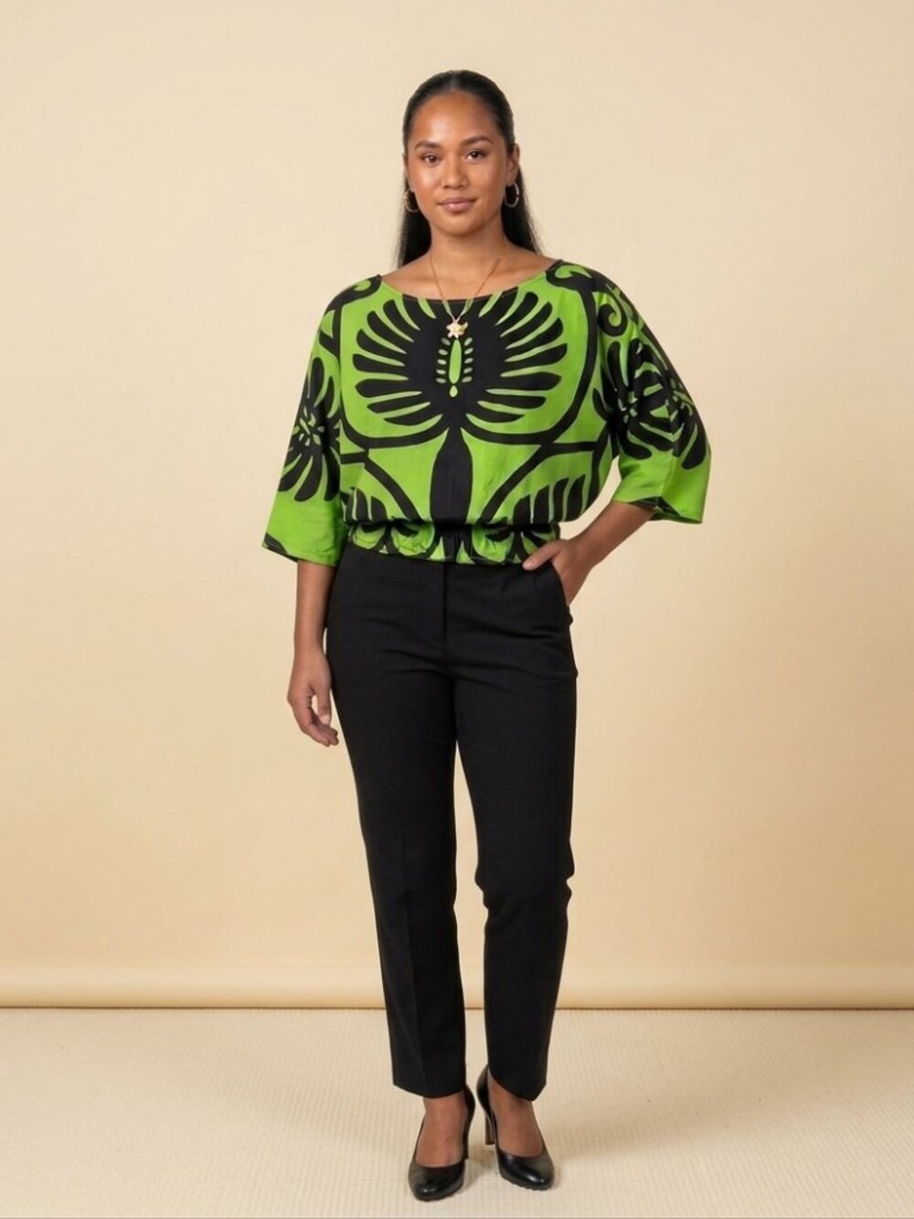 Simply Sisters Vibrant Green and Black Floral Women's Hawaiian Blouse